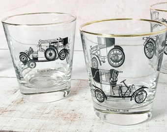 Set of 4 Drinking Glasses Water Glasses Tumblers Antique Vintage Car Theme Made in France