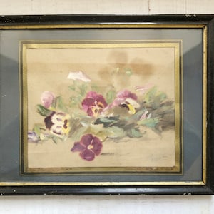 Antique Framed Painting Pansy Flowers French Home Decor Wall Decoration Countryside Farm