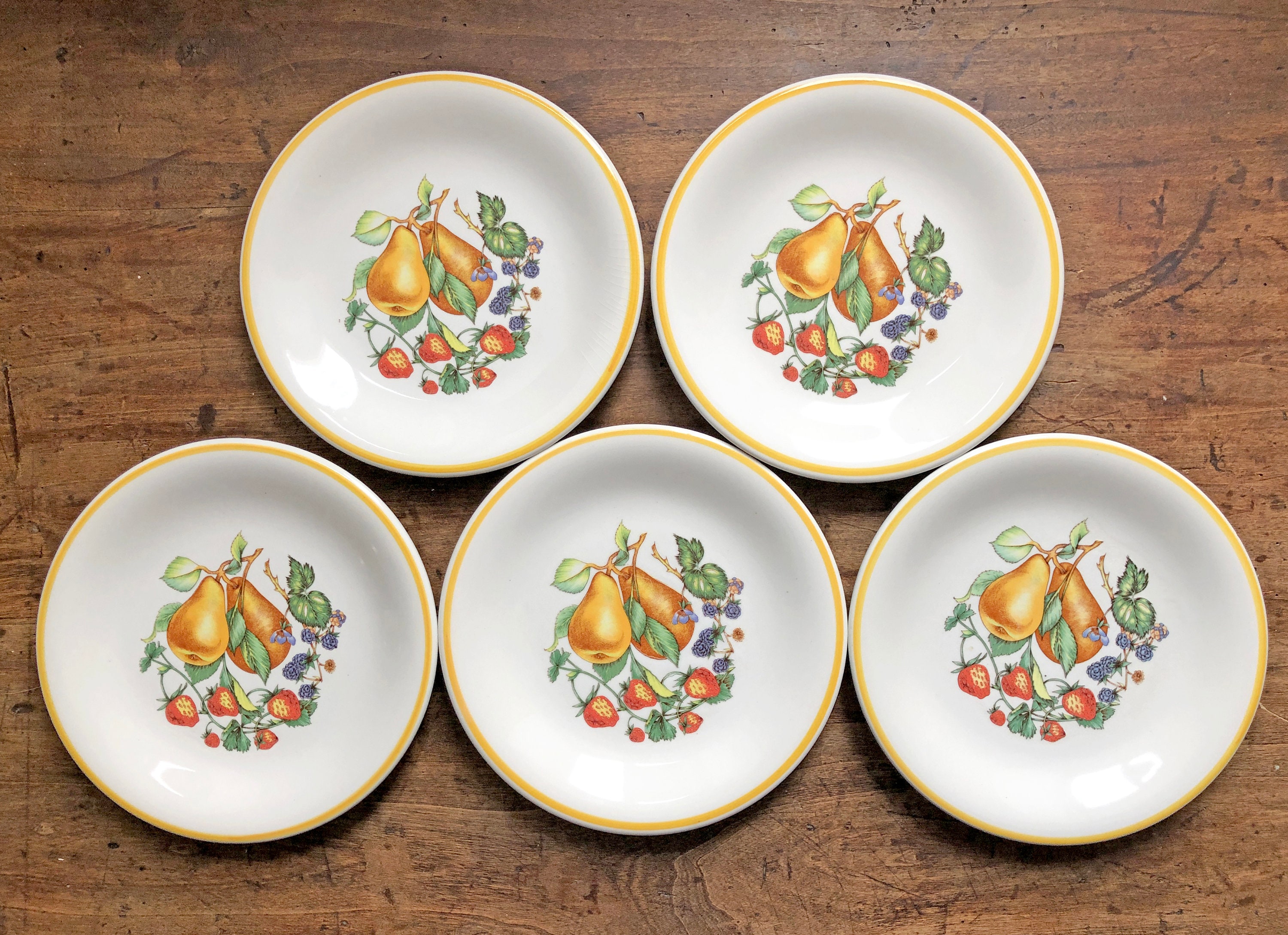 Set de 5 Assiettes à Dessert Céramique Italienne Cottage Chic Rustique Poire Fraises Mûres Cuisine