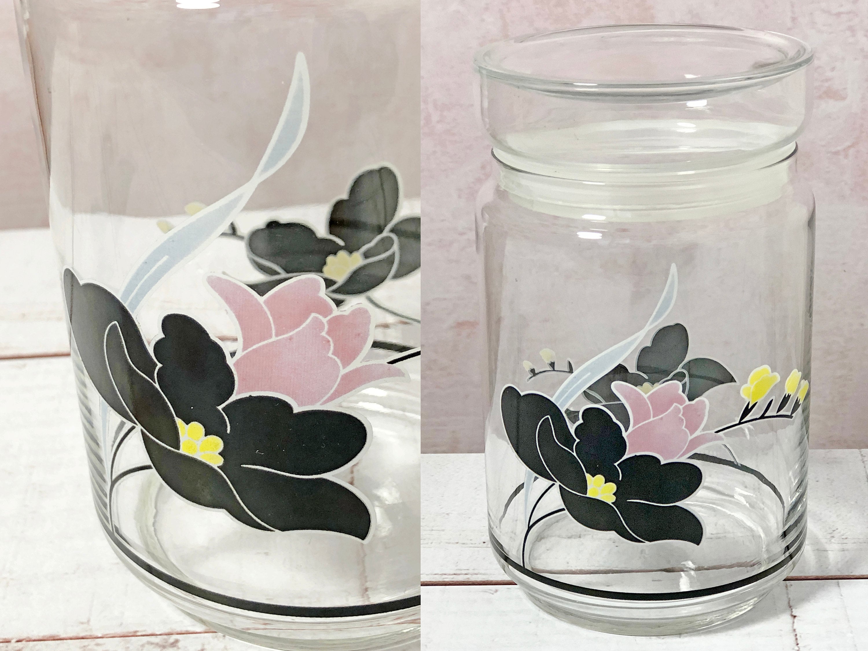 Bocal en Verre avec Couvercle Rangement de Cuisine Fleurs Noires Thème Floral Cottage Chic Campagne 