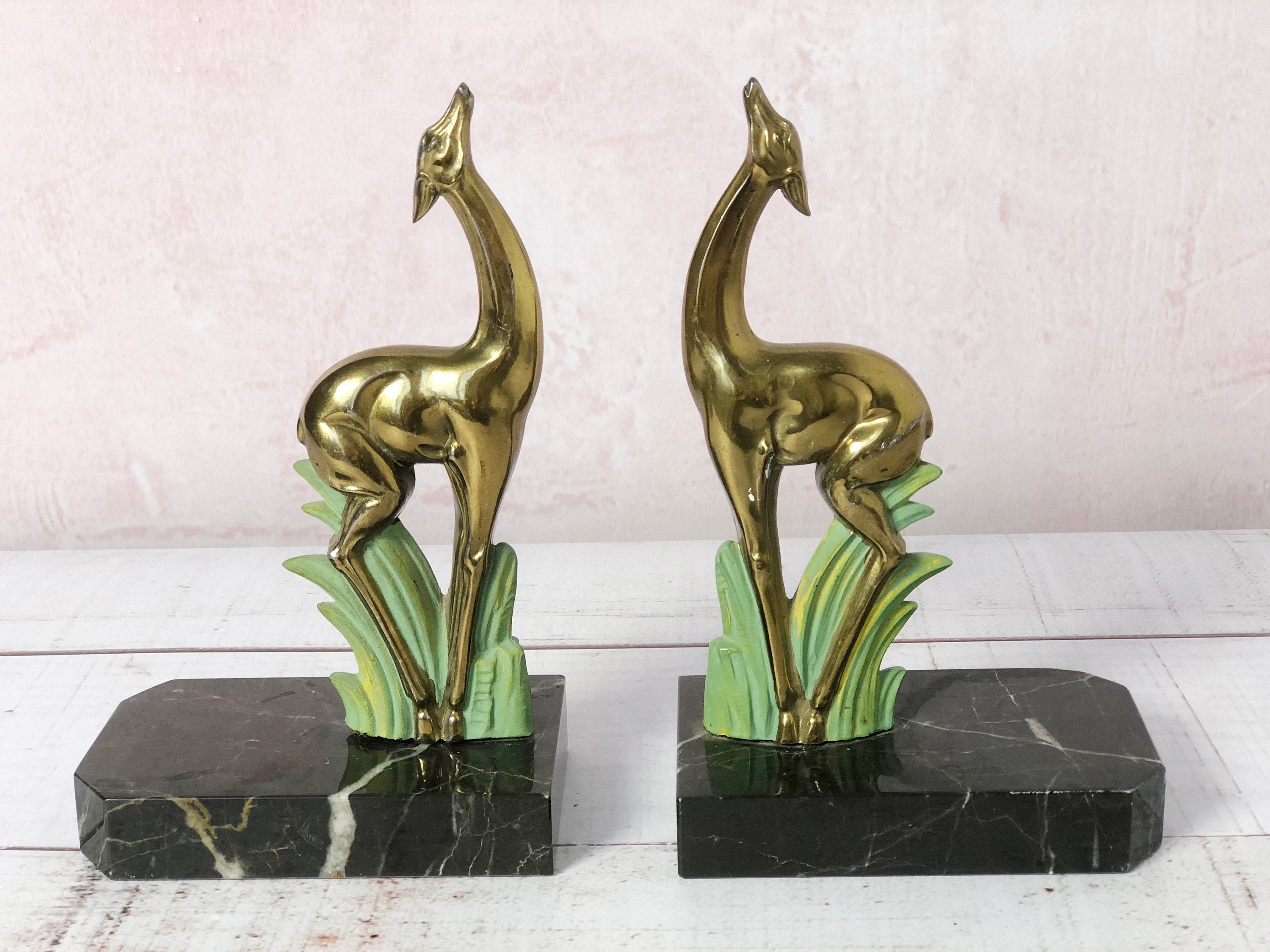 Antique Bookends Art Déco Brass Marble Doe