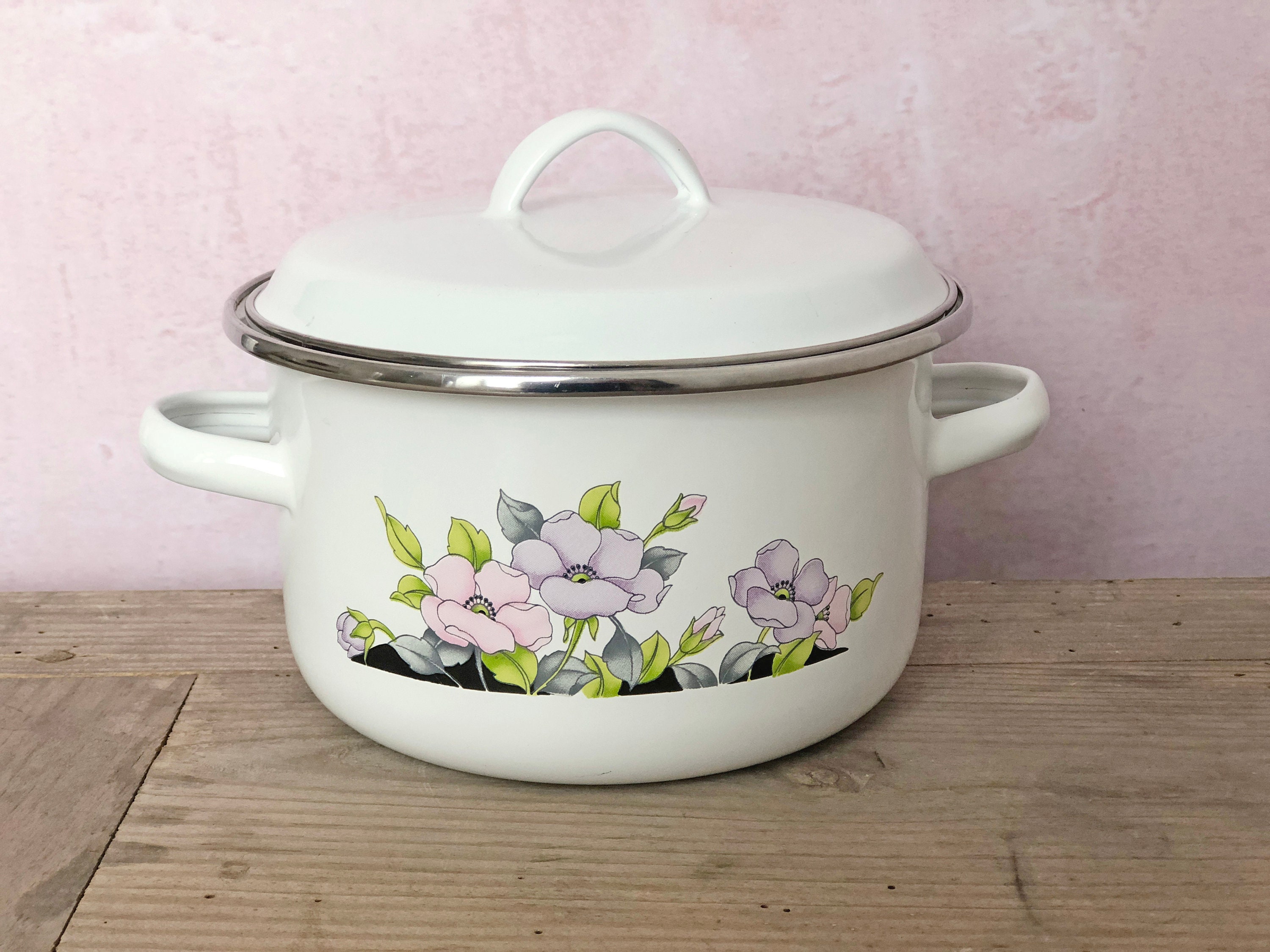 Pot à Vaisselle en Émail avec Couvercle Thème Floral Fleurs Shabby Chic Cottage Français Cuisine de 