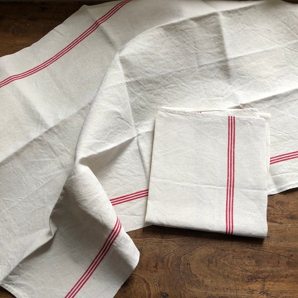 Set of 2 Linen Tea Towels Torchon Red Stripes French Countryside Kitchen Textiles From France Food Photography Rustic Chic