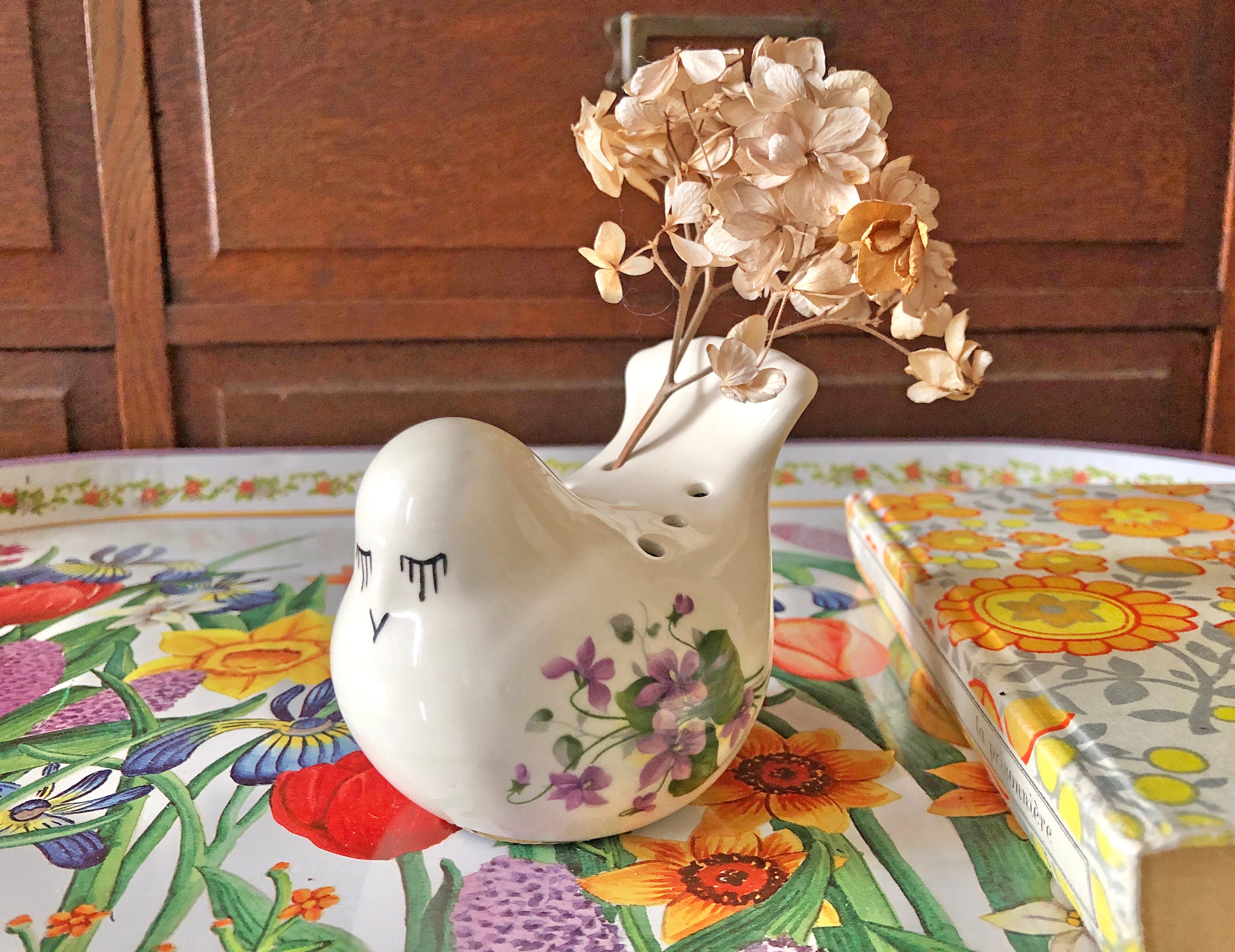 Soliflore Vase Oiseau Céramique Floral Violet Fleurs Romantique Mignon Fabriqué en Grande-Bretagne F