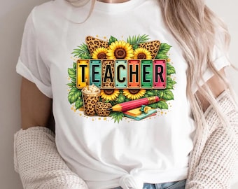 Teacher Sunflower Shirt, Colorful Leopard Print Teacher Tee, Cute Coffee Cup Top, Back to School Outfit, Gift Educators Leopard Print Pencil