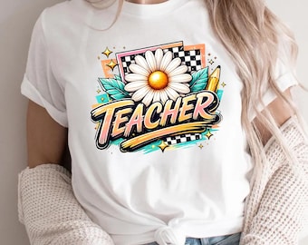 Colorful Daisy Checkerboard Teacher Shirt, Retro Classroom Top