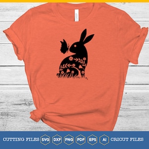 Paashaas bloem vlinder svg | Spring Bunny-svg | Konijntje met vlinder op neus | Bloemen konijntje-svg | Svg konijn | Silhouetcadeau | Gelukkig