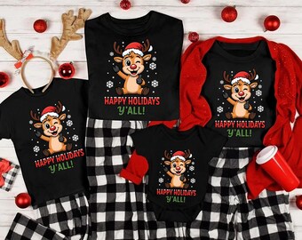 Happy Holidays Y'all Reindeer Shirt, Matching Family Christmas Pajama Set