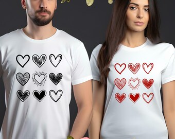 Matching Couple Heart Grid Shirts, Artistic Love Tee Set