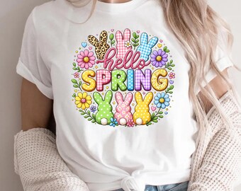 Hello Spring Bunny Shirt, Pastel Floral Easter Tee, Patterned Bunny Silhouette Top, Cute Spring Outfit for Family Photos & Seasonal Gifts