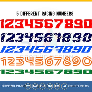 Puede incluir: Cinco estilos diferentes de números de carreras, del 1 al 9 y el 0, en rojo, azul, verde, naranja y negro. El texto "5 DIFFERENT RACING NUMBERS" está en la parte superior de la imagen. El texto "CUTTING FILES SVG DXF PNG PDF EPS AI CRICUT FILES" está en la parte inferior de la imagen.