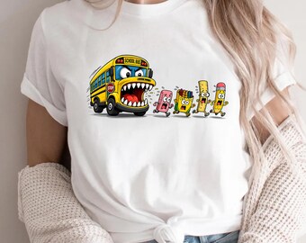 Funny Monster School Bus Shirt, Back to School Classroom Graphic Tee