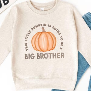 May include: A beige sweatshirt with the text "THIS LITTLE PUMPKIN IS GOING TO BE A BIG BROTHER" surrounding an orange pumpkin graphic. A white pennant with the word "BUB" is visible in the background, along with a pair of blue jeans.