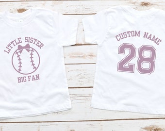 Kundenspezifisches Baseball-Schwester-Shirt für kleine Schwester-großen Fan Personalisiertes Baseball-T-Shirt für Kleinkind-Mädchen Baseball-Shirt mit benutzerdefiniertem Namen / Nummer