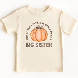 May include: Cream-colored toddler t-shirt with a round neckline and short sleeves. The front features a watercolor-style orange pumpkin with a gray bow and the text "THIS LITTLE PUMPKIN IS GOING TO BE A BIG SISTER" in a circular design.