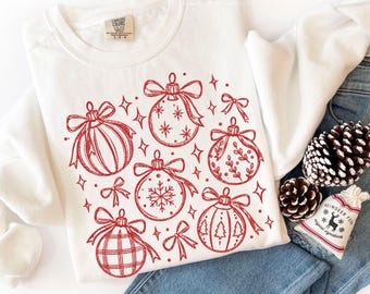 Christmas Shirt Ornaments and Bows Winter Vibe Trendy Holiday Shirt for Girls Comfort Colors Boho Tee Christmas Sweatshirt Retro Graphic