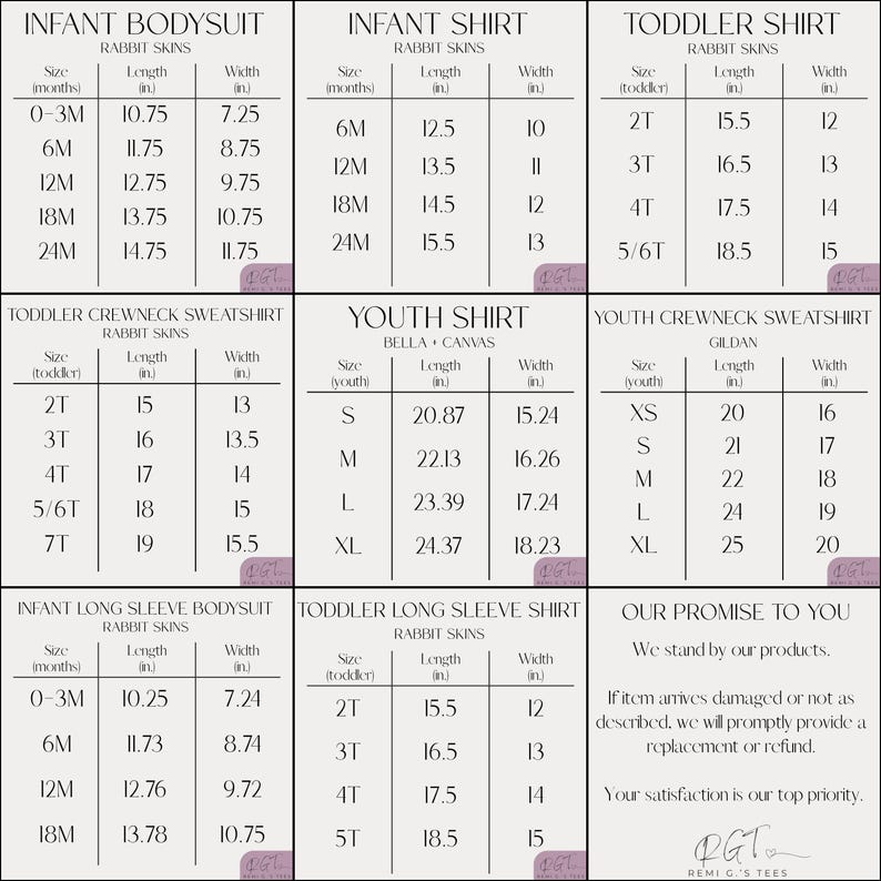 May include: A chart with size and measurement details for infant bodysuits, shirts, toddler shirts, crewneck sweatshirts, youth shirts, and long sleeve bodysuits. Measurements are in inches.