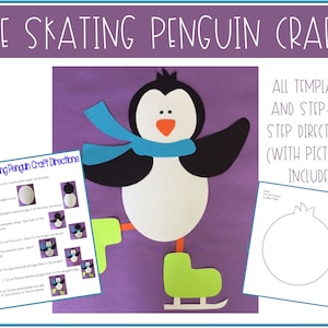 Puede incluir: Una plantilla de artesanía imprimible para hacer un pingüino patinando sobre hielo. La plantilla incluye un cuerpo de pingüino, cabeza, alas, bufanda, patines e instrucciones con imágenes. Se incluyen todas las plantillas y las instrucciones paso a paso.
