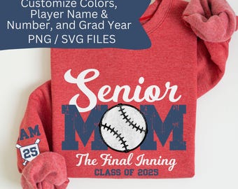 Benutzerdefinierte PNG / SVG-Datei Ältere Baseball Mama Letzte High School Baseball Saison Softball Mama Benutzerdefinierte Spielername und Nummer benutzerdefinierte Teamfarbe