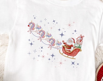 Santa's Sleigh With Unicorn Christmas Shirt for Girl Magical Christmas Tshirt Reindeer Unicorn Tee Holiday Pegasus Shirt Unicorn Santa Claus