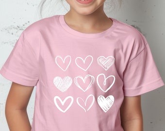Mädchen-Herz-Shirt für Mädchen-T-Shirt mit Herz-Reihen-Entwurfs-Hemd für Jugend-Herz-Shirt für Valentinstag-T-Shirt für Mädchen
