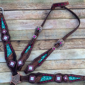 Turquoise with Pink Buckstitch Tack Set