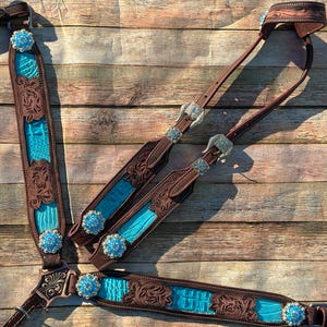 Turquoise Gator with Floral Tooling Cob Size Tack Set