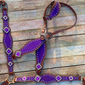 Ensemble Bride Et Collier Poitrine Cuir Western Fait Main - Violet Avec Franges, Tailles Dispo