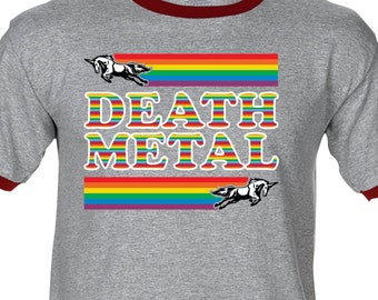 DEATH METAL Rainbows and Unicorns - Premium T-Shirt - Many Color Options -Ringers/Cottons/Blends/Tank Tops -funny heavy metal rocker hipster