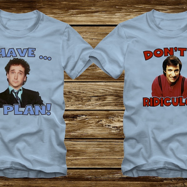 2 SHIRTS -On Sale - PERFECT STRANGERS Balki Bartokomous and Larry Appleton Shirts- Adult sizes - Dont Be Ridiculous - I have a Plan