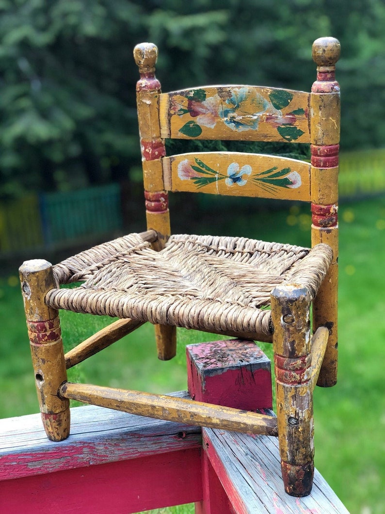 Vintage New England Yellow Painted Wood Child Doll Wicker Chair Maine Farmhouse