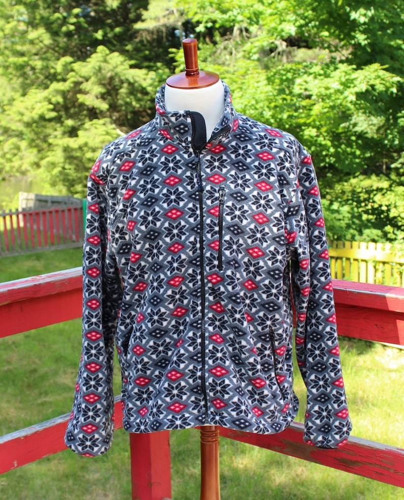 Made in the USA Authentic Vintage Men/'s L.L Bean Gray Red Geometric Patters Full Zip Up Fleece Sweater Size L