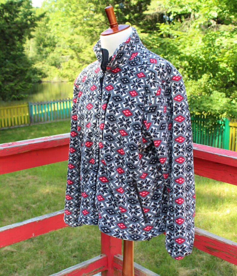 Made in the USA Authentic Vintage Men/'s L.L Bean Gray Red Geometric Patters Full Zip Up Fleece Sweater Size L