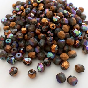 100 pcs 4mm Faceted Round Fire Polished Beads, Etched Crystal Glittery Bronze, Czech Glass Beads