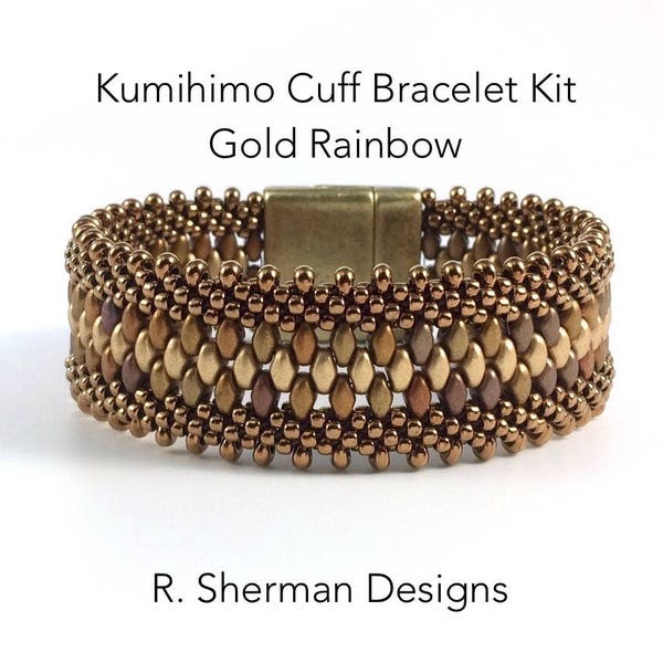 Kit - Kumihimo Beaded Cuff Bracelet in Gold Rainbow, Complete Kit or Bead Refill Kit