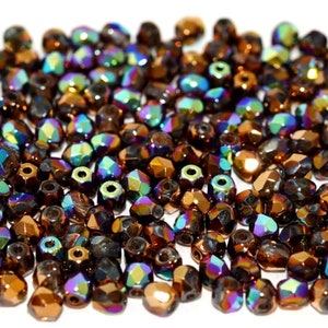 100 pcs 3mm Fire Polished Beads, Crystal Glittery Bronze, Faceted Round Beads