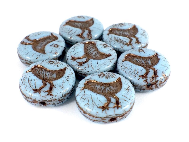 Bird Coin Bead 6 Beads Blue Turquoise with Dark Bronze Wash 12mm Czech Glass Beads