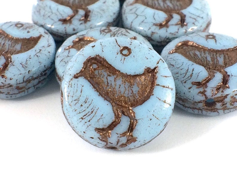 Bird Coin Bead 6 Beads Blue Turquoise with Dark Bronze Wash 12mm Czech Glass Beads