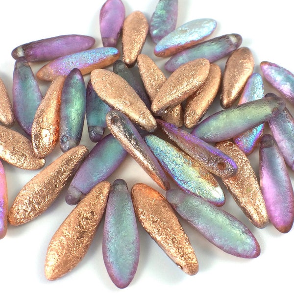 5x16mm Dagger Beads, Etched Crystal Copper Rainbow, Choose 25 or 50 pieces, Single Hole, Side Drilled Czech Glass Beads