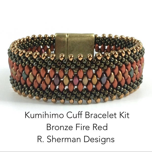 Kit - Kumihimo Beaded Cuff Bracelet in Bronze Fire Red, Complete Kit or Bead Refill Kit