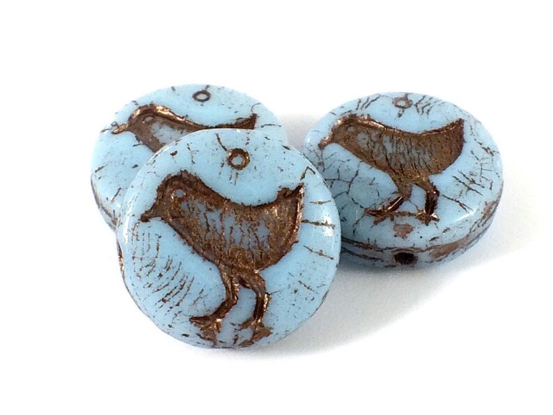 Bird Coin Bead 6 Beads Blue Turquoise with Dark Bronze Wash 12mm Czech Glass Beads