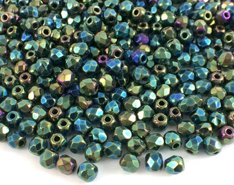 Jet Green Iris 3mm Fire Polished Beads, 100 Beads, Czech Glass Faceted Round Beads