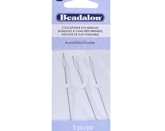 Pack of 3 ASSORTED Collapsible Eye Beading Needles, 2-1/2", Flexible, Assorted Sizes, Variety Pack