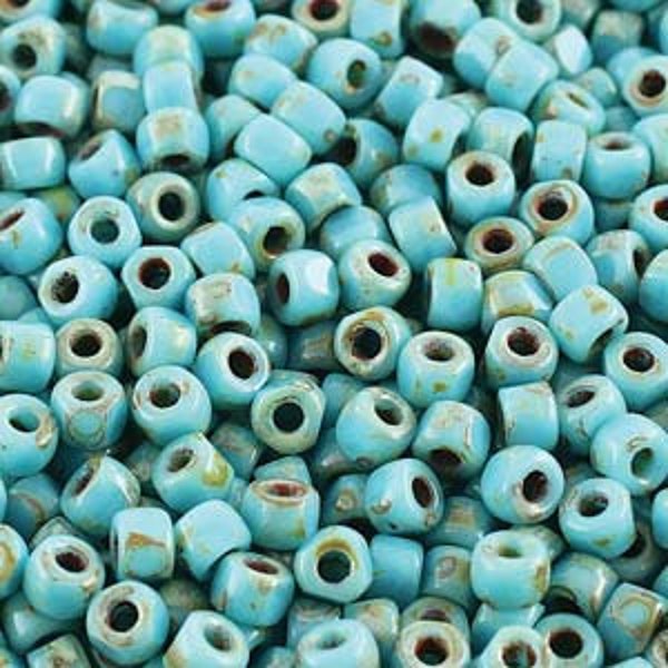Matubo 6/0 3-Cut Seed Beads, Turquoise Blue Travertine, 10 Grams, Rustic Picasso Czech Seed Beads, Tri Cut Beads