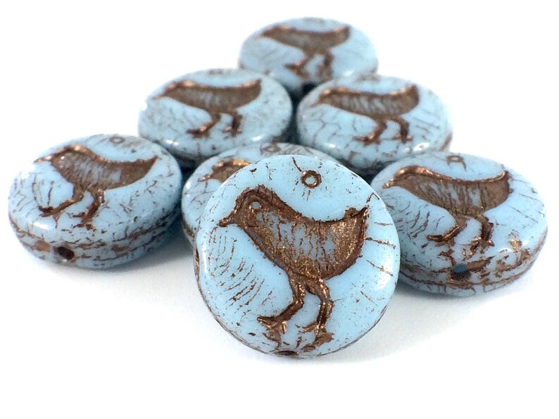 Bird Coin Bead 6 Beads Blue Turquoise with Dark Bronze Wash 12mm Czech Glass Beads