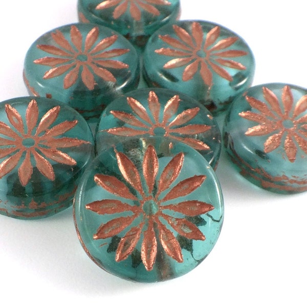 Aster Coin Beads, 12mm, Transparent Aqua with White Core and Copper Wash, 6 Beads, Czech Glass Flower Beads