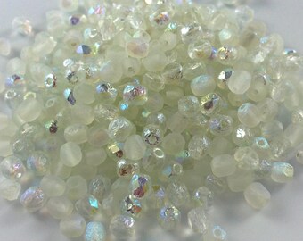 100 pcs 4mm Etched Faceted Round Fire Polished Beads, Crystal Green Rainbow, Czech Glass Beads