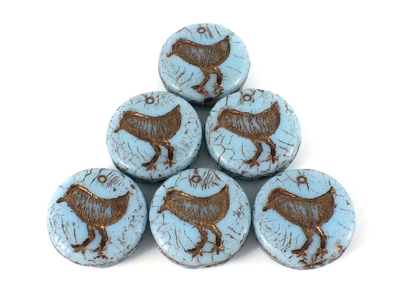 Bird Coin Bead 6 Beads Blue Turquoise with Dark Bronze Wash 12mm Czech Glass Beads