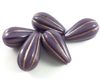Melon Drop Beads, Purple Silk with Platinum Wash, 13x8mm, 6 Beads, Vertical Drilled Drop Beads, Fluted Czech Glass Beads