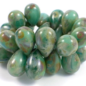 Sea Green Picasso 6x9mm Teardrop Beads, Strand of 25 Beads, Top Side Drilled Teardrop Beads, Czech Glass